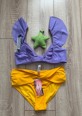 m Beden Mor Askılı Üst ve Sarı Mini Bikini Altı