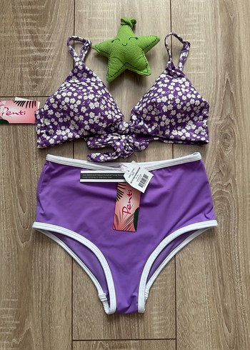 Mor Çiçek Desenli Dantelli Bikini Takımı