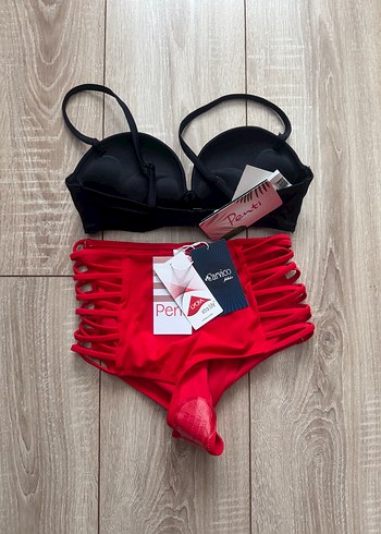 Penti Kırmızı Yüksek Bel Bikini Altı ve Siyah Destekli Üst