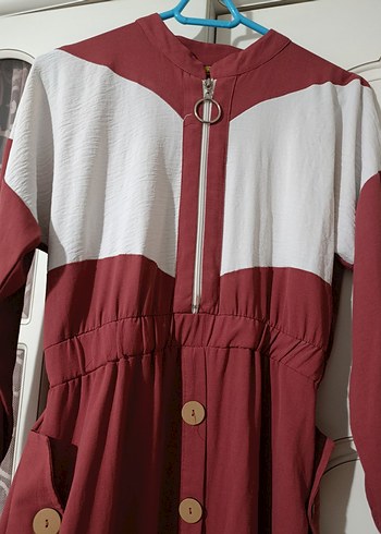 kiremit ve beyaz Fermuarlı elbise - Görsel 2