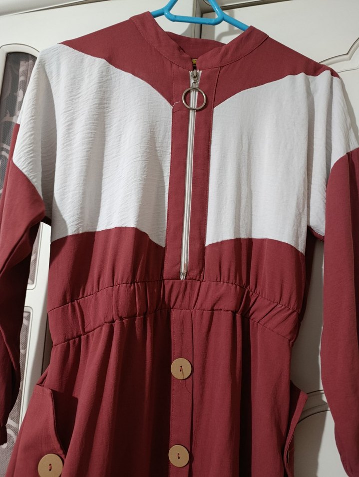 kiremit ve beyaz Fermuarlı elbise - Görsel 2