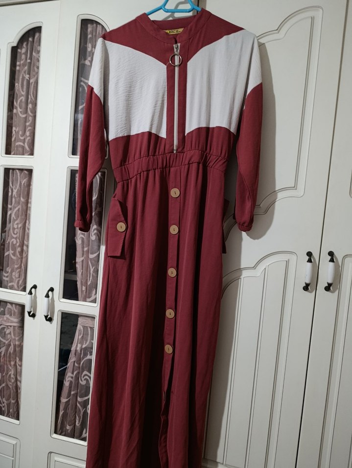 kiremit ve beyaz Fermuarlı elbise - Görsel 4