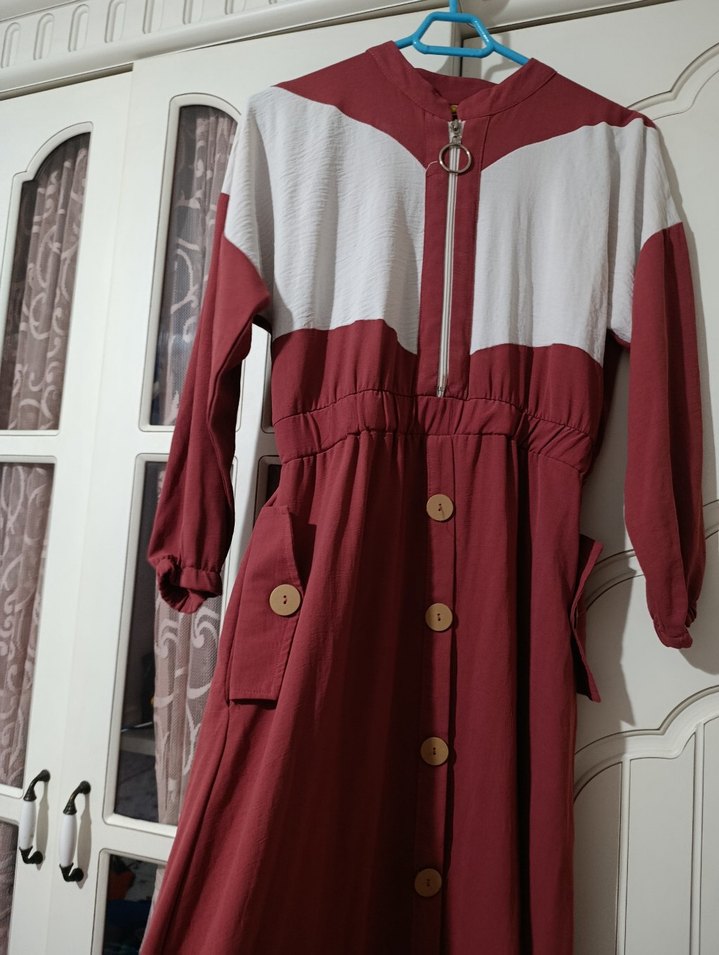 kiremit ve beyaz Fermuarlı elbise - Görsel 3