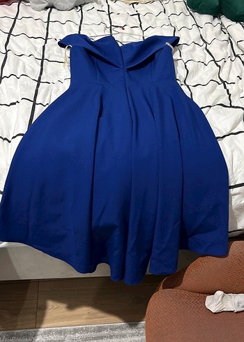 Mavi Drapeli Straplez Midi Abiye Elbise - Görsel 3