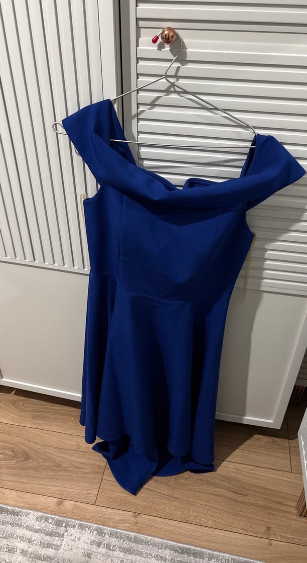 Mavi Drapeli Straplez Midi Abiye Elbise - Görsel 2