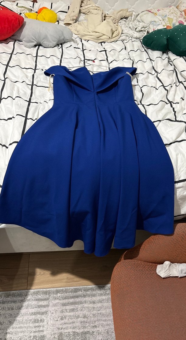 Mavi Drapeli Straplez Midi Abiye Elbise - Görsel 3