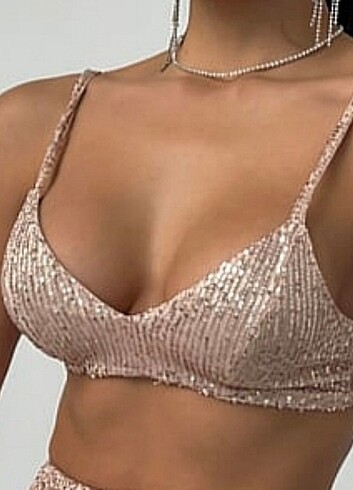 Zapa Pudra pembe askılı pul payet seksi büstiyer