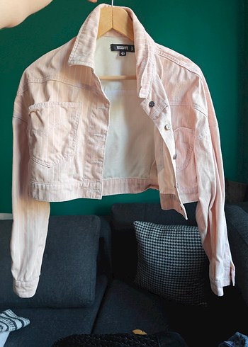 Pembe Düğmeli Kadın Denim Kot Ceket Crop