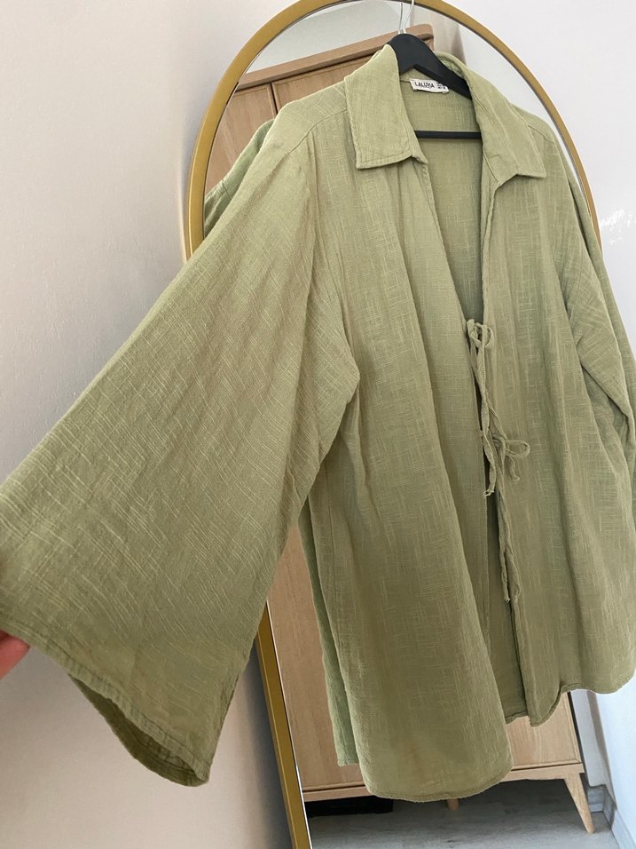 Haki Renkli Bol Kesim Keten  Ceket - Görsel 3