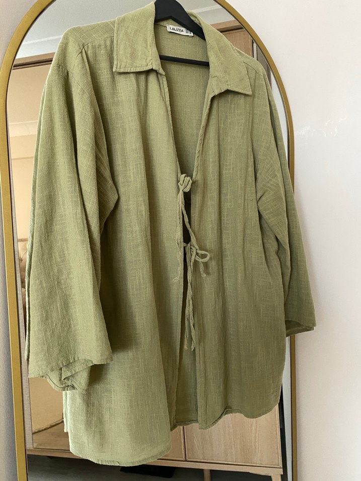 Haki Renkli Bol Kesim Keten  Ceket - Görsel 4