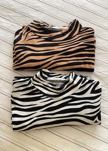 Kahverengi Zebra Desenli Uzun Kollu Bluz