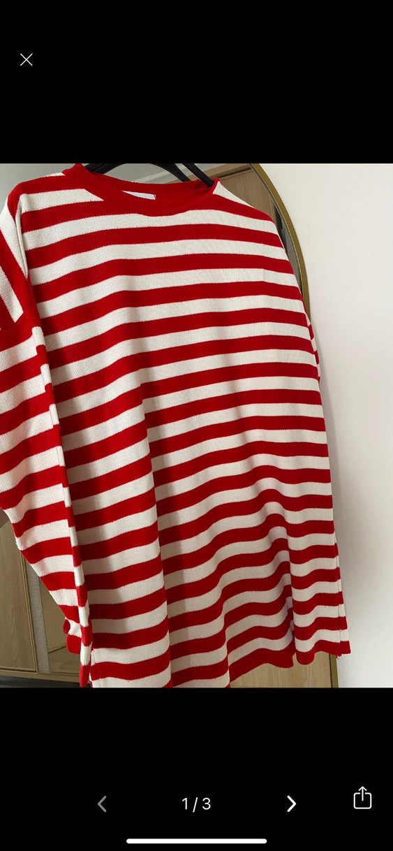 Kırmızı Beyaz Çizgili Salaş Kadın Kazak - Görsel 2