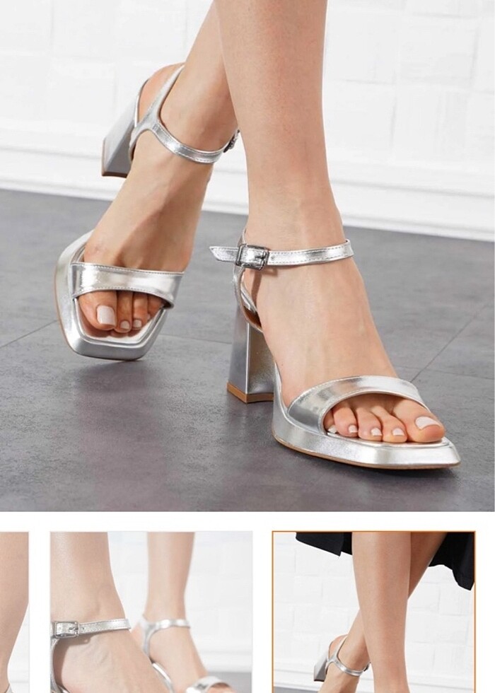 Platformlu kalın topuk gümüş topuklu ayakkabı - Görsel 3