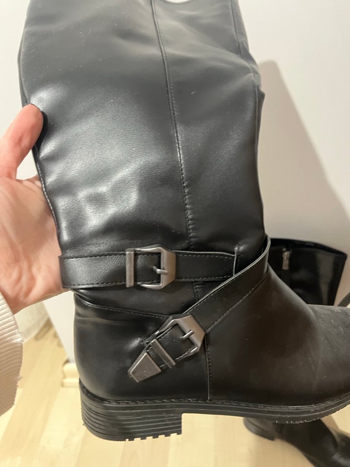 Siyah Deri Tokalı Dizüstü Çizme - Görsel 5