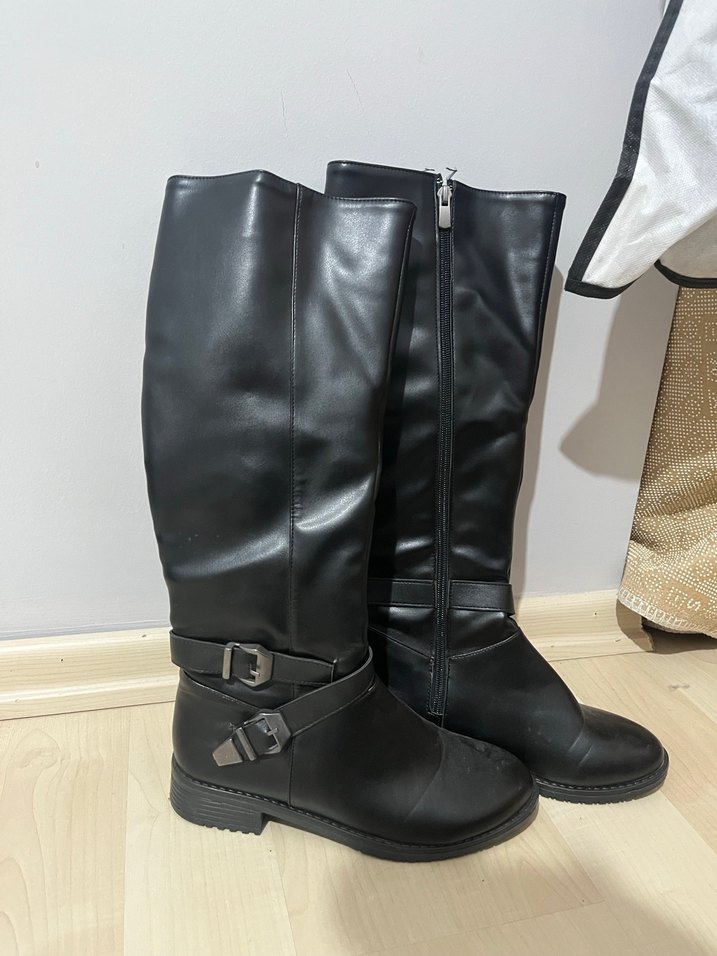 Siyah Deri Tokalı Dizüstü Çizme - Görsel 3