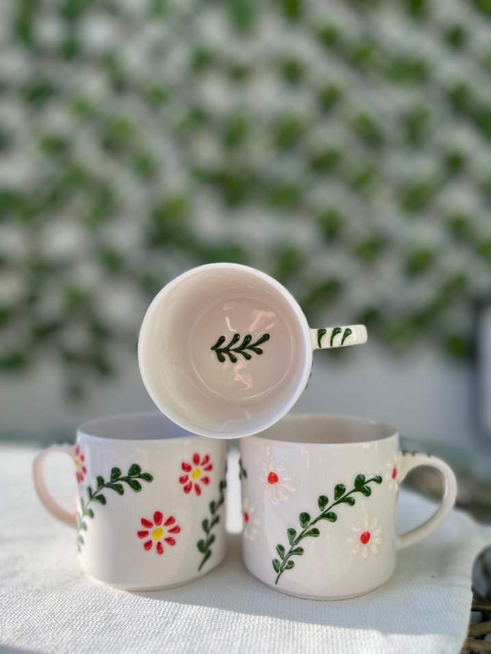 Renkli Çiçek Desenli Beyaz Seramik 3lü Kupa Seti - Görsel 2