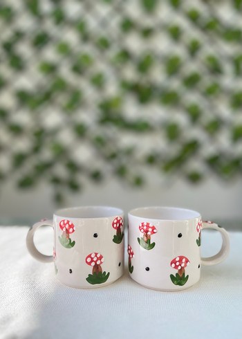 El Yapımı Beyaz Mantar Desenli Seramik Kupa - Görsel 2