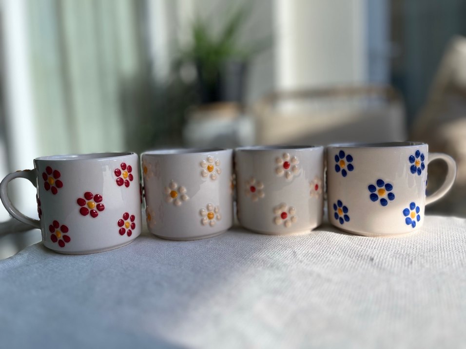 Renkli Papatya Desenli Beyaz 4lü Seramik Kupa Seti - Görsel 2