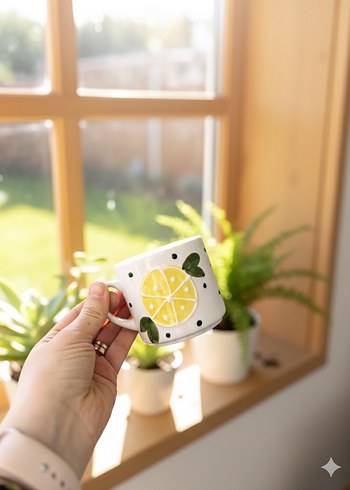 El Yapımı Renkli Limon Desenli Seramik Kupa - Görsel 2