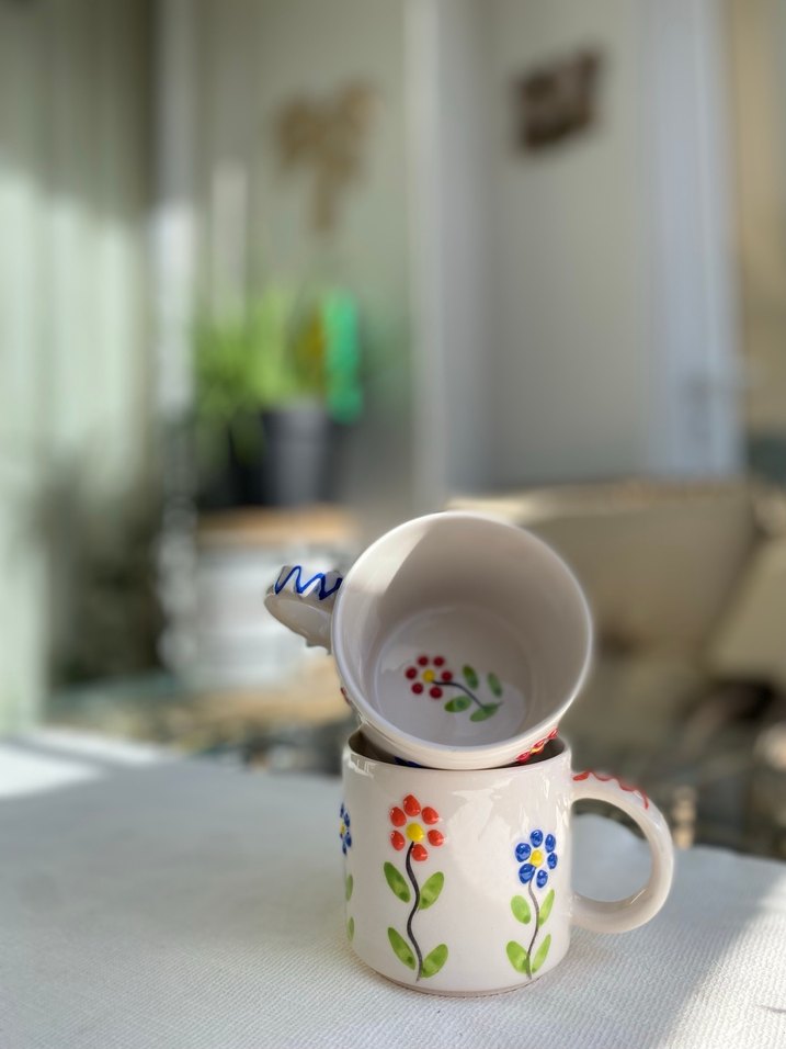 El Yapımı Renkli Çiçek Desenli Seramik Kupa Seti - Görsel 2