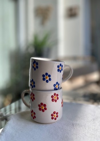 El Yapımı Renkli Çiçek Desenli Seramik 2liKupa Seti - Görsel 2