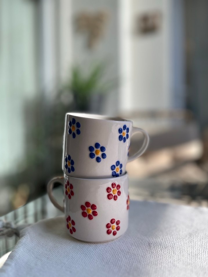 El Yapımı Renkli Çiçek Desenli Seramik 2liKupa Seti - Görsel 2