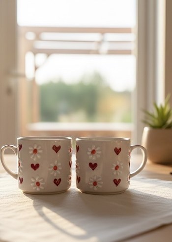 El Yapımı Seramik Kalp ve Papatya Desenli Beyaz Kupa - Görsel 3