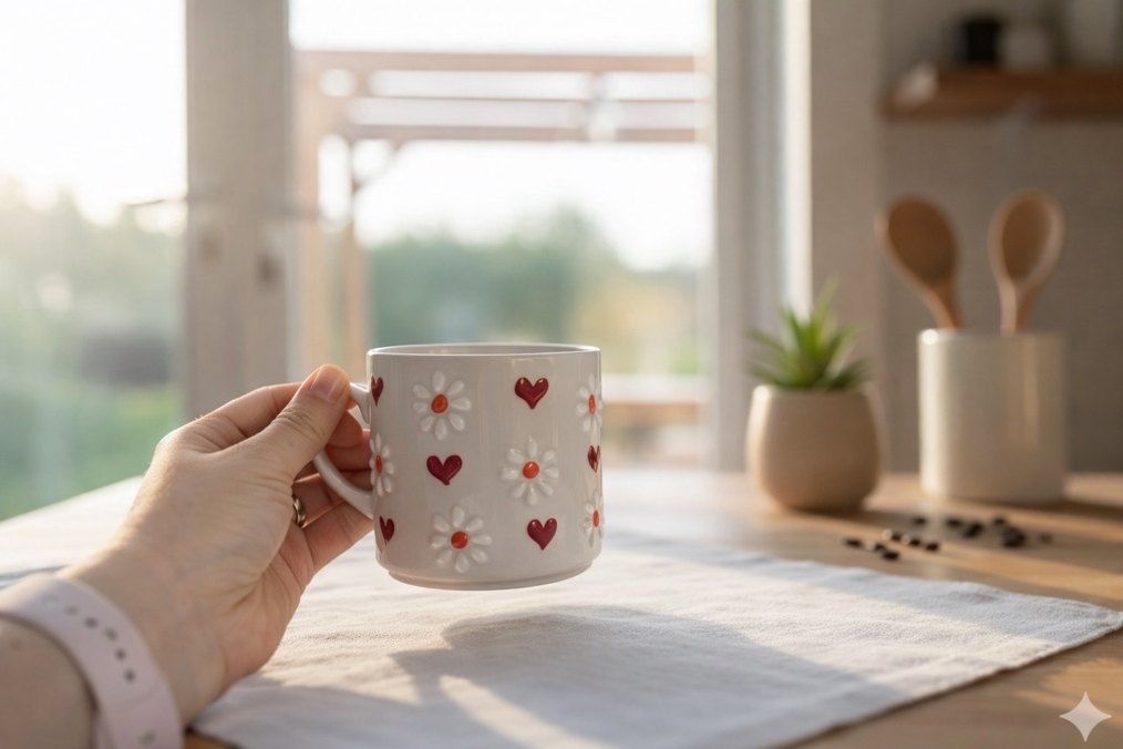 El Yapımı Seramik Kalp ve Papatya Desenli Beyaz Kupa - Görsel 2