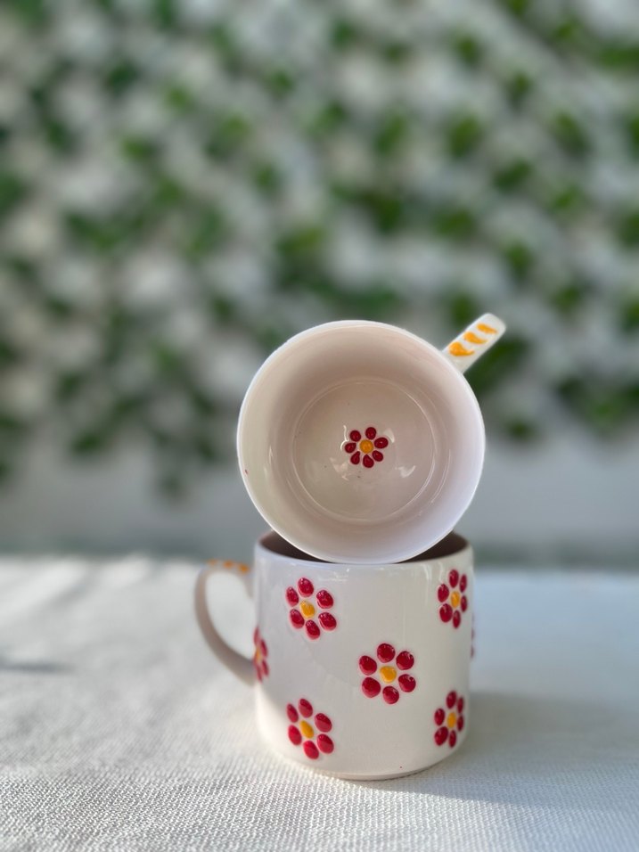 El Yapımı Çiçek Desenli Renkli Seramik Kupa - Görsel 2