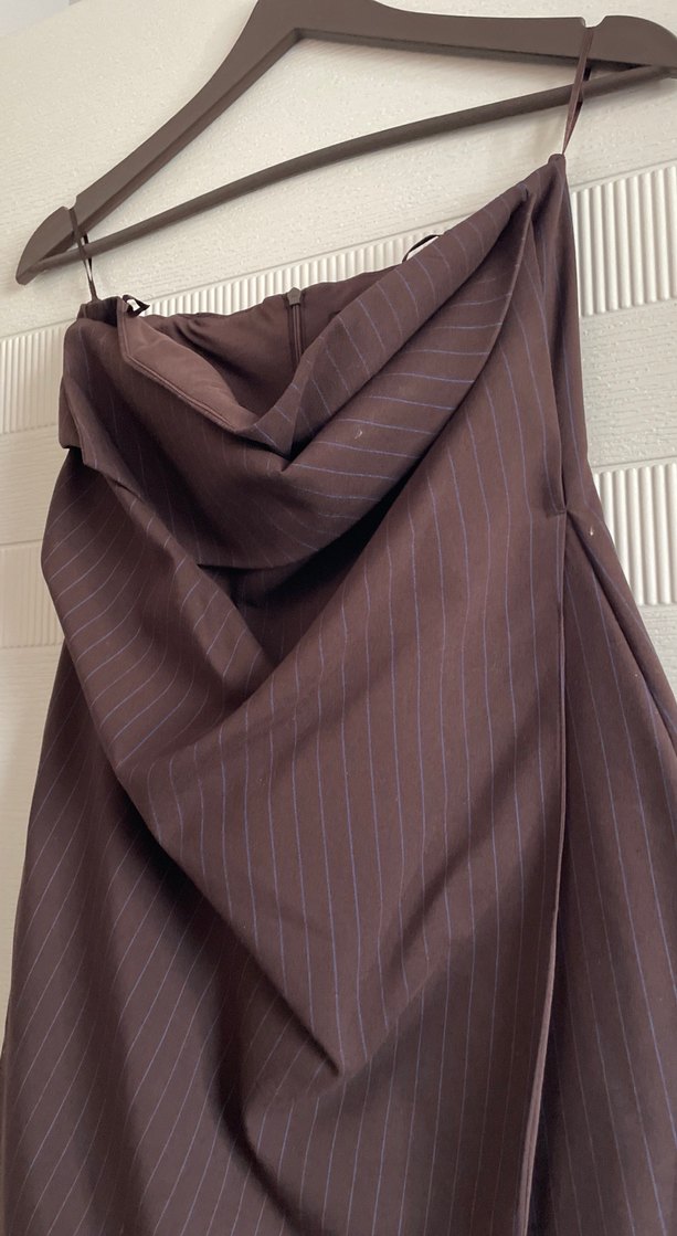 Drapeli Kahverengi Çizgili elbise - Görsel 2