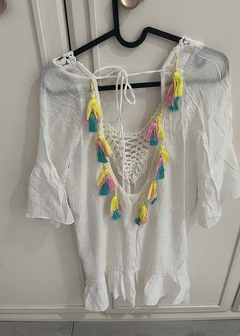 Penti Dantel Detaylı Beyaz Bohem V Yaka pareo - Görsel 2