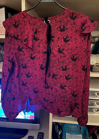 Bordo Baskılı Fırfırlı Uzun Kollu Bluz - Görsel 2