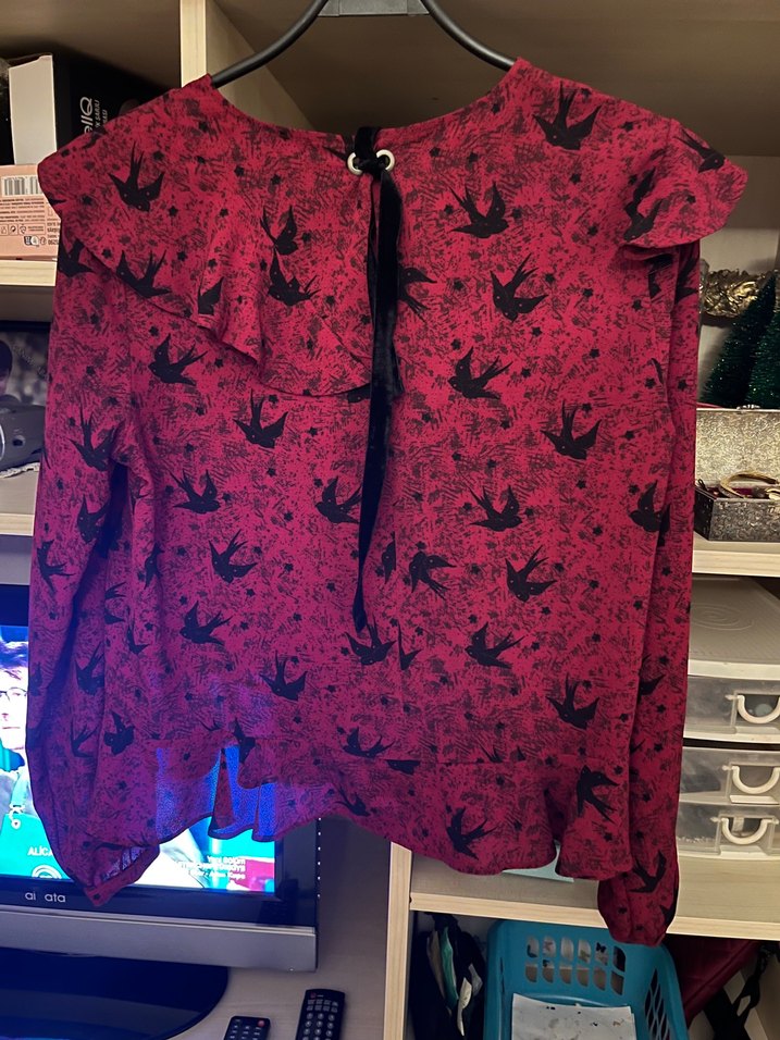 Bordo Baskılı Fırfırlı Uzun Kollu Bluz - Görsel 2