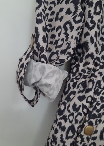 Gri Leopar Desenli Düğmeli Midi Kadın Kaban - Görsel 5