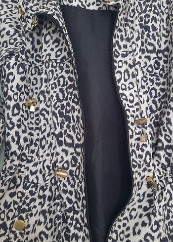Gri Leopar Desenli Düğmeli Midi Kadın Kaban - Görsel 6