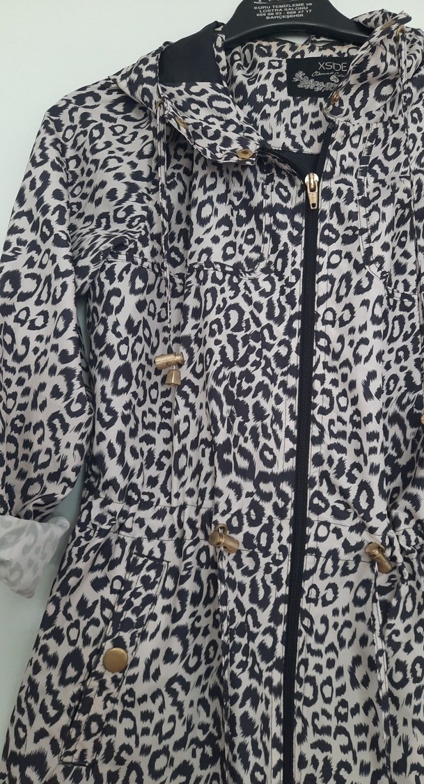 Gri Leopar Desenli Düğmeli Midi Kadın Kaban - Görsel 2