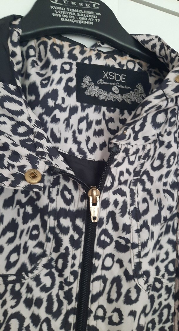Gri Leopar Desenli Düğmeli Midi Kadın Kaban - Görsel 3