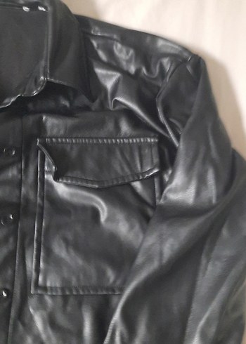 Düğmeli Siyah Deri Biker Ceket - Görsel 2