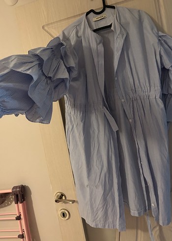 Su mavisi kolu fırfırlı önü düğmeli tunik - Görsel 4