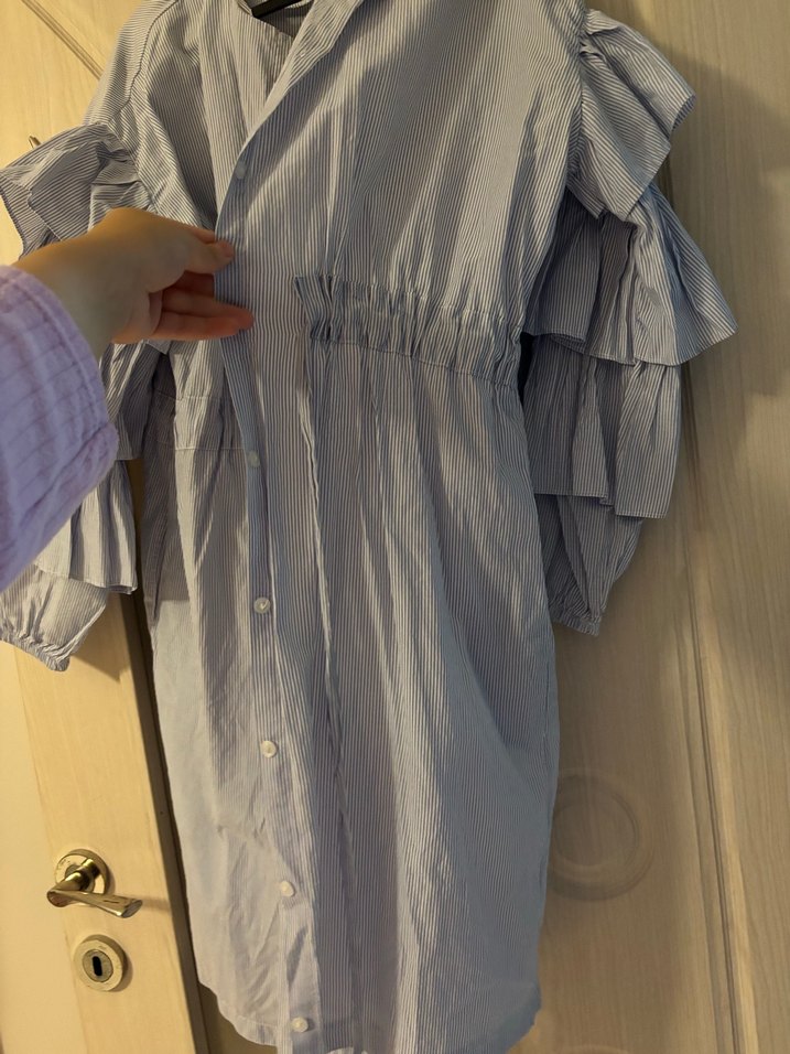 Su mavisi kolu fırfırlı önü düğmeli tunik - Görsel 2