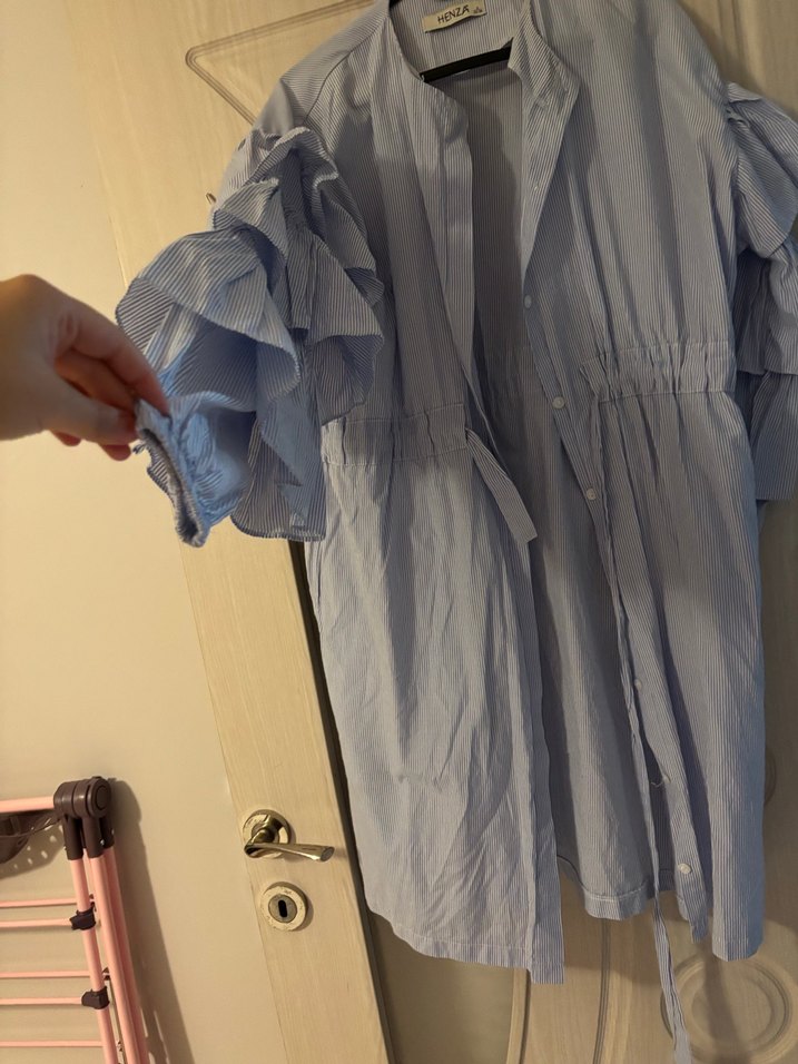 Su mavisi kolu fırfırlı önü düğmeli tunik - Görsel 3