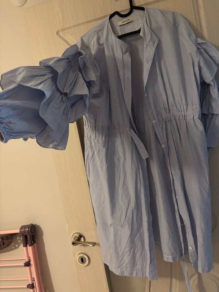 Su mavisi kolu fırfırlı önü düğmeli tunik - Görsel 4