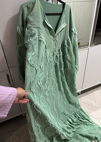 Yeşil V Yaka Uzun Bohem Elbise - Görsel 3