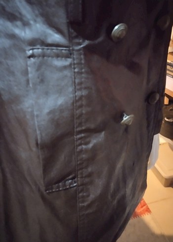 Düğmeli Kahverengi Deri Midi Trençkot - Görsel 4