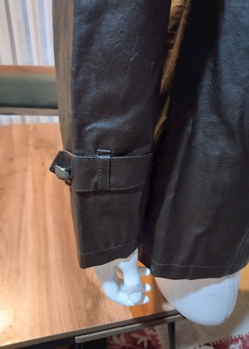 Düğmeli Kahverengi Deri Midi Trençkot - Görsel 7