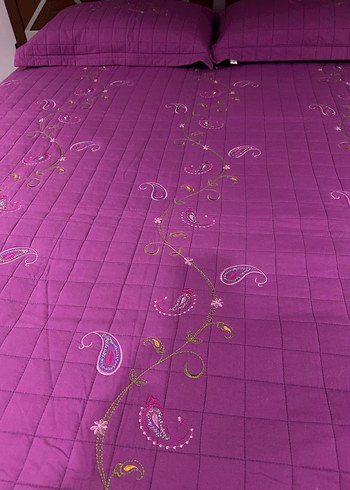 Renkli Nakışlı Çift Kişilik Mor Yatak Örtüsü - Görsel 4