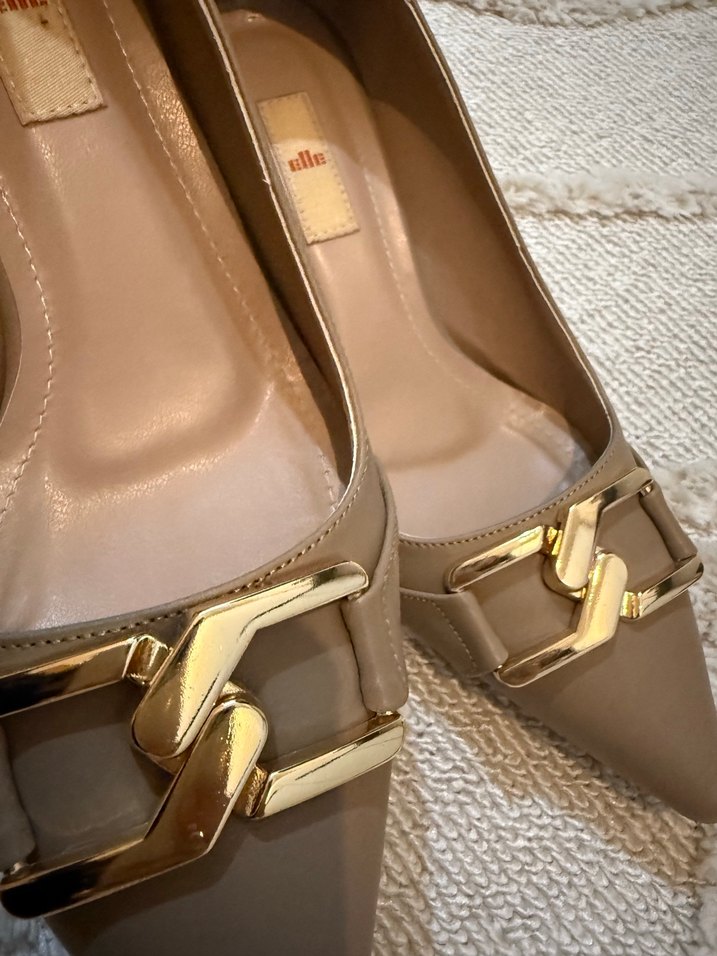 ELLE- Bej Deri Stiletto Tokalı Kadın Ayakkabı - Görsel 4