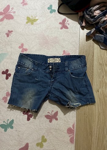 Mavi Bağlamalı Desenli Kadın Mini Kot Şort