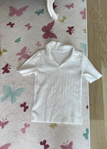 Beyaz Örgü Kısa Kollu Polo Yaka Kadın Tişört