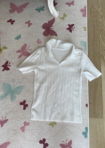 m Beden Beyaz Örgü Kısa Kollu Polo Yaka Kadın Tişört